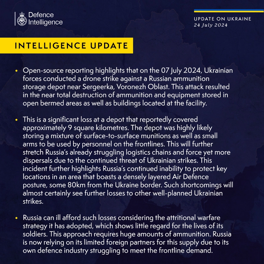 British Defence Intelligence Update Ukraine 24 July 2024