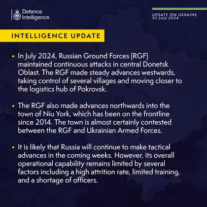 British Defence Intelligence Update Ukraine 30 July 2024