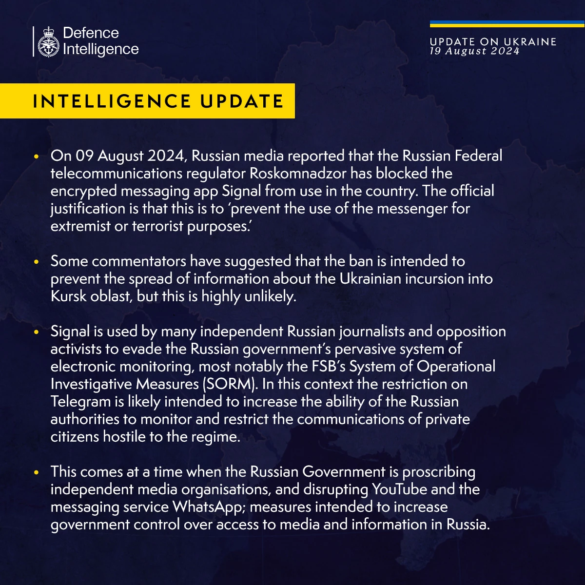 British Defence Intelligence Update Ukraine 19 August 2024