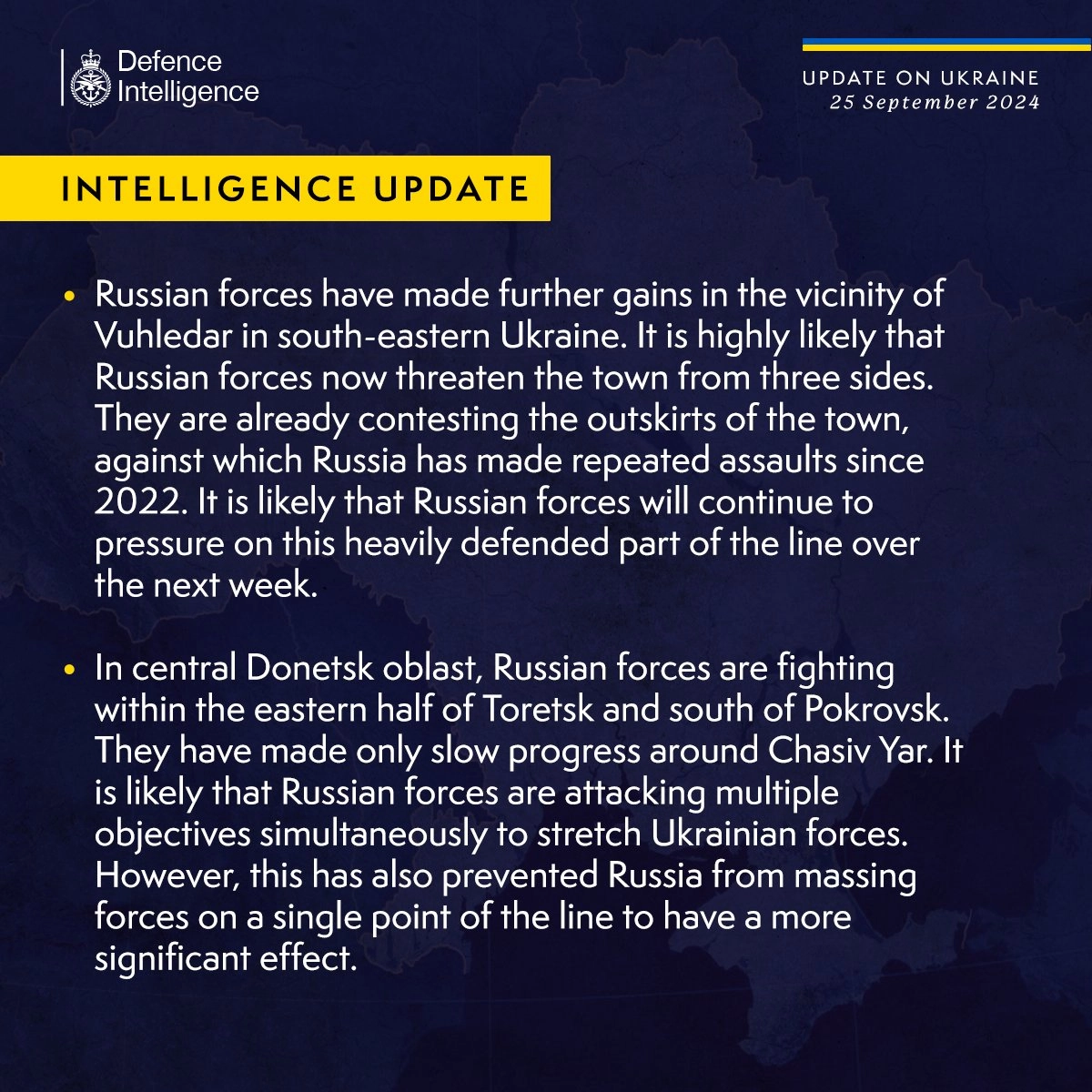 British Defence Intelligence Update Ukraine 25 September 2024