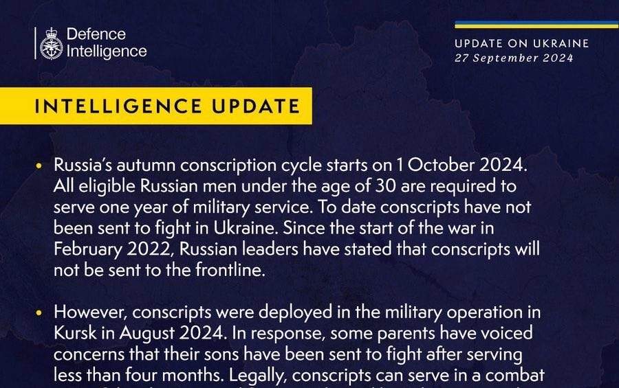 British Defence Intelligence Update Ukraine 27 September 2024