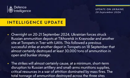 British Defence Intelligence Update Ukraine 29 September 2024