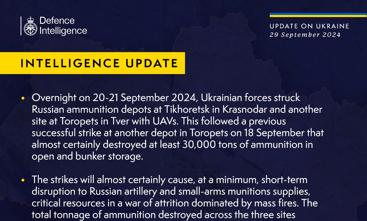 British Defence Intelligence Update Ukraine 29 September 2024