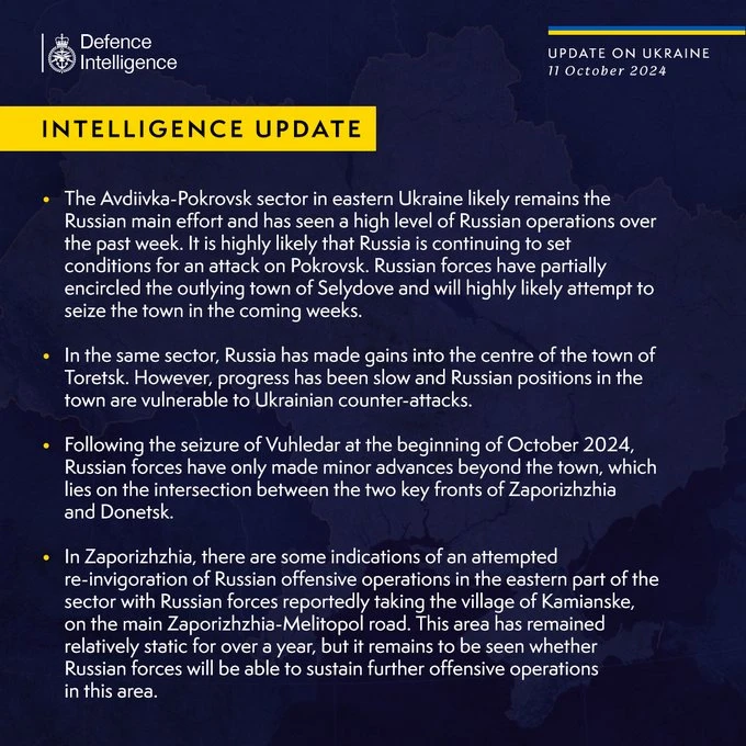 British Defence Intelligence Update Ukraine 11 October 2024