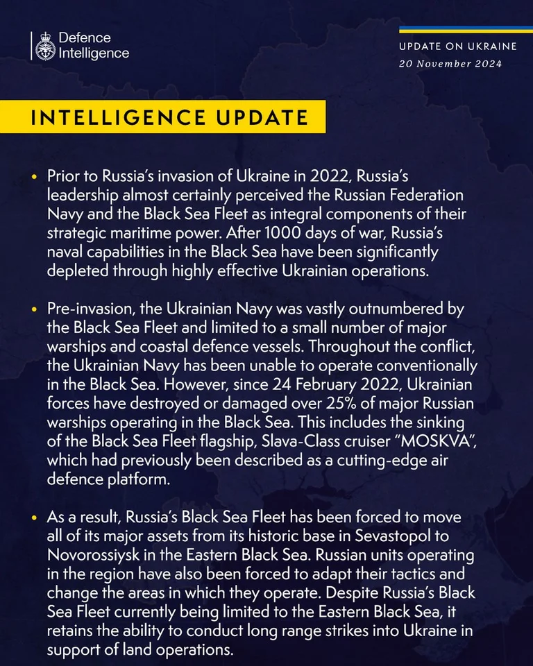 British Defence Intelligence Update Ukraine 20 November 2024