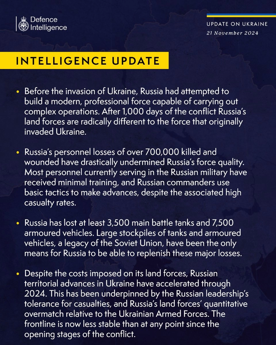 British Defence Intelligence Update Ukraine 21 November 2024