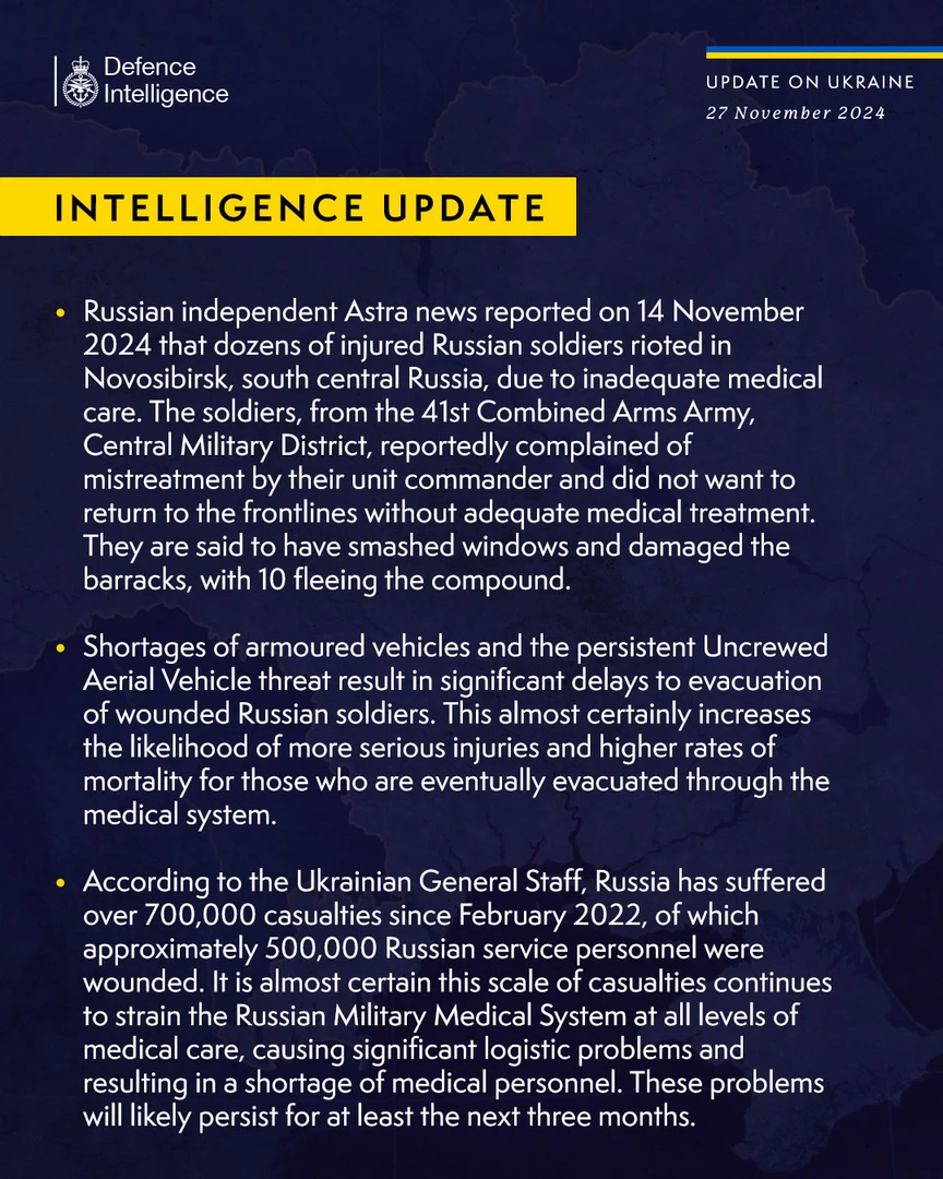 British Defence Intelligence Update Ukraine 27 November 2024