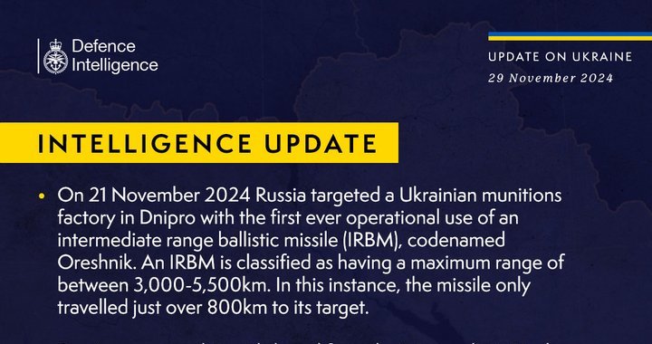 British Defence Intelligence Update Ukraine 29 November 2024