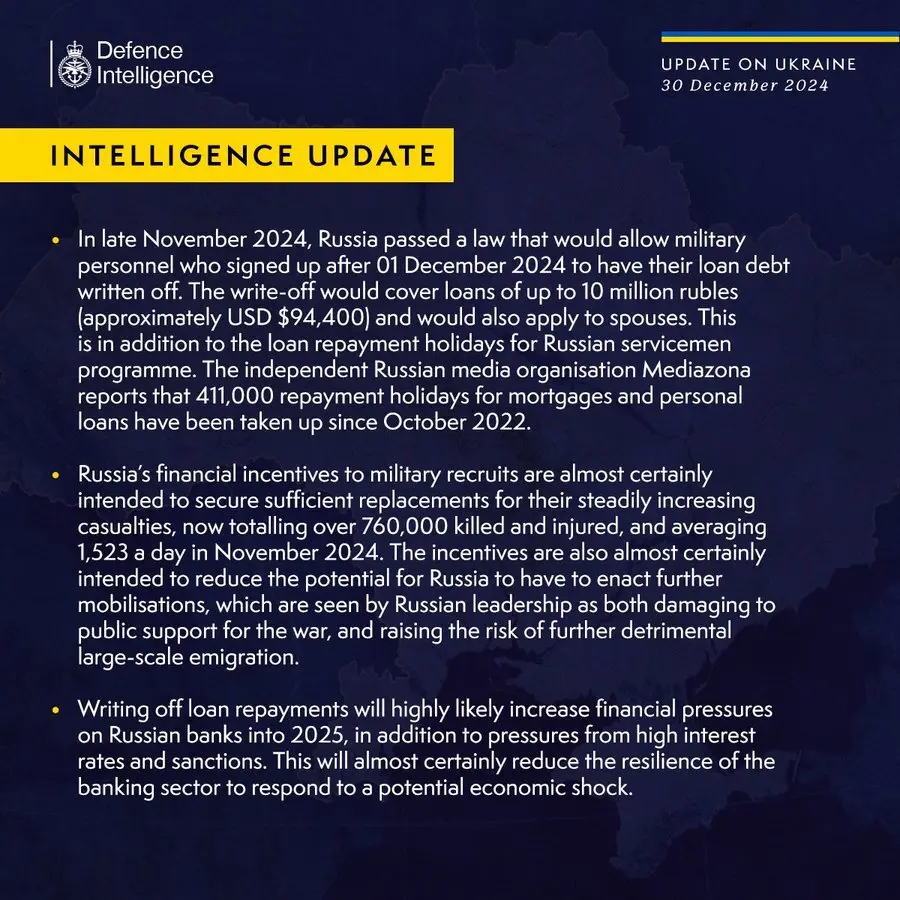 British Defence Intelligence Update Ukraine 30 December 2024