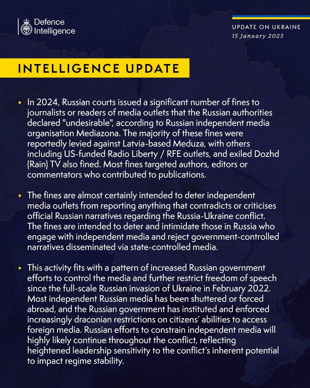 British Defence Intelligence Update Ukraine 15 January 2025