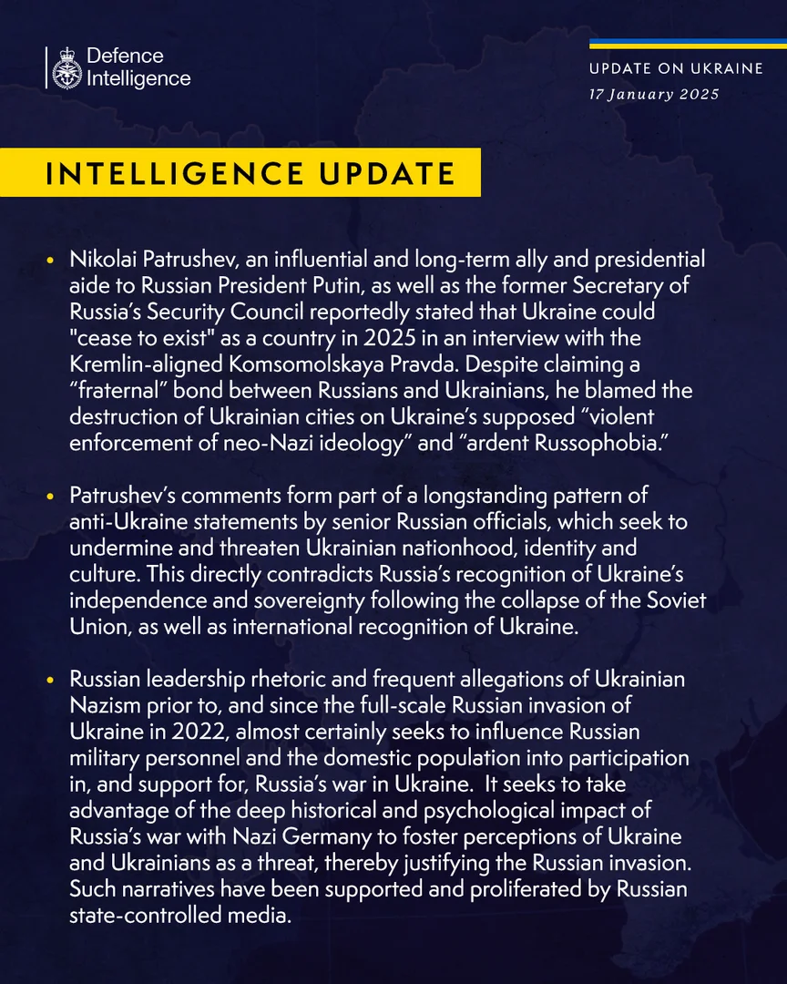 British Defence Intelligence Update Ukraine 17 January 2025