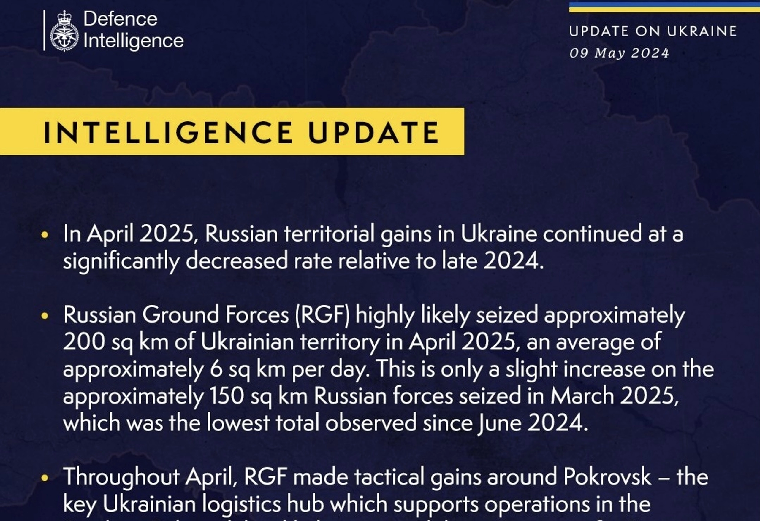 British Defence Intelligence Update Ukraine 9 May 2025