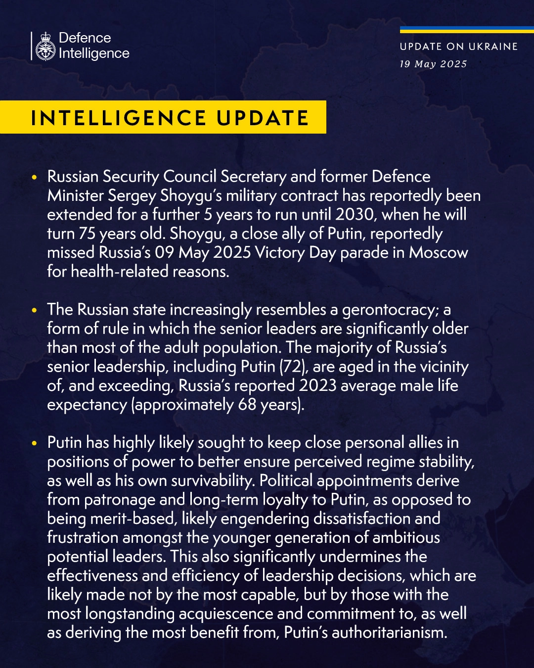 British Defence Intelligence Update Ukraine 19 May 2025