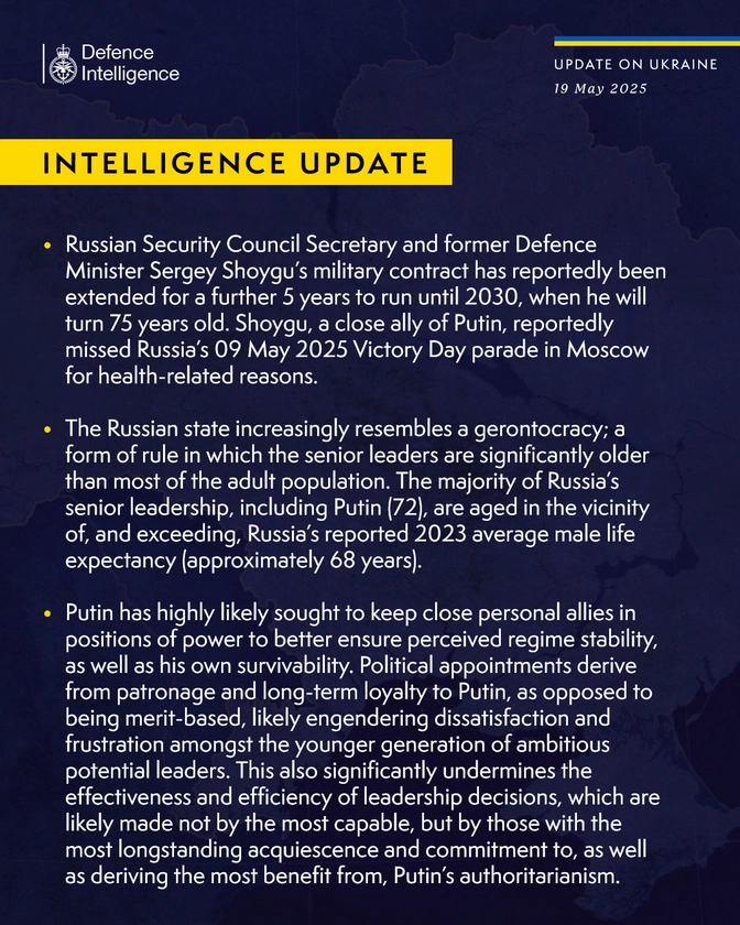 British Defence Intelligence Update Ukraine 19 May 2025