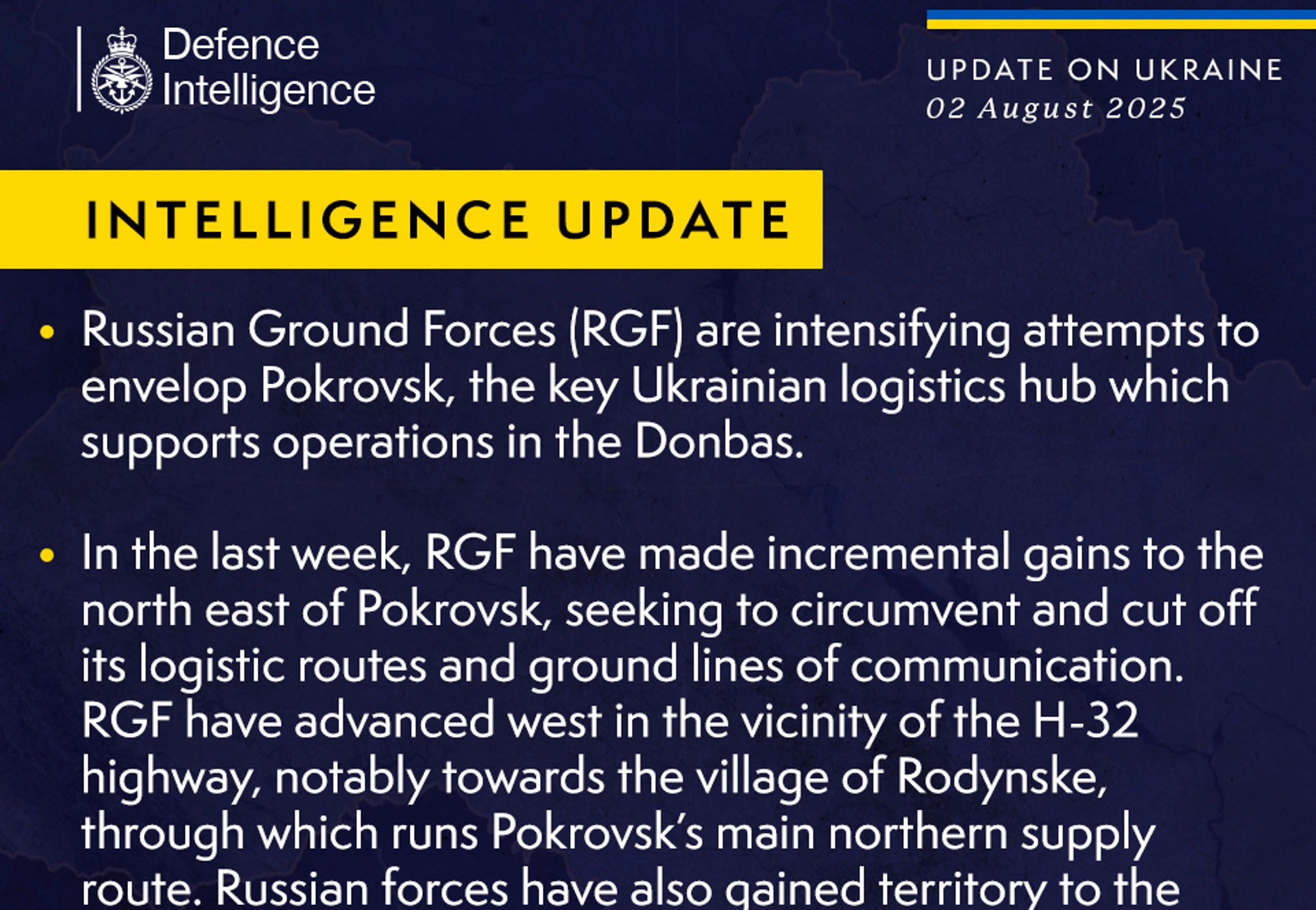 British Defence Intelligence Update Ukraine 2 August 2025