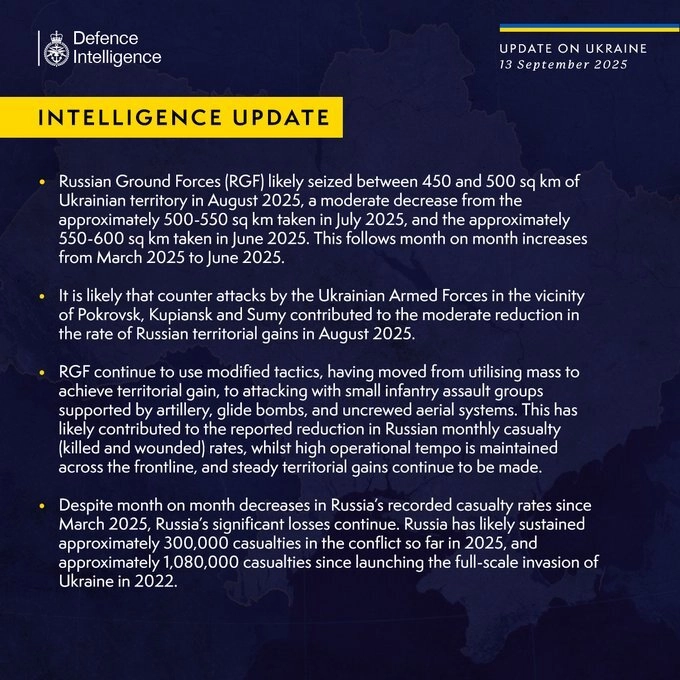 British Defence Intelligence Update Ukraine 13 September 2025
