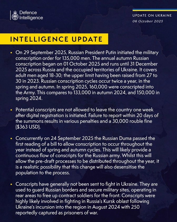 British Defence Intelligence Update Ukraine 6 October 2025