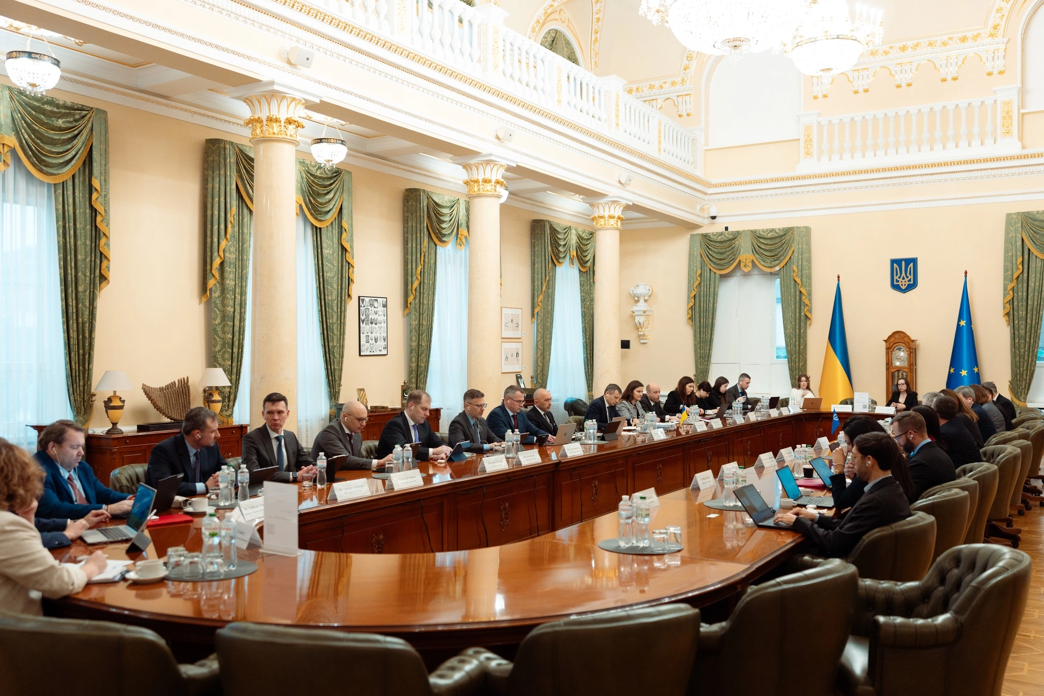 Ukraine's central bank governors, the Minister of Finance of Ukraine, deputy finance ministers and lawmakers are conducting a meeting with the International Monetary Fund representatives. Photo taken by the National Bank of Ukraine press service and from Ukraine's lawmaker Roksolana Pidlasa Facebook post.