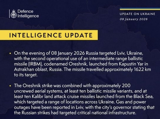 British Defence Intelligence Update Ukraine 9 January 2026