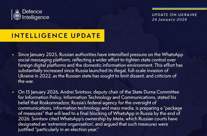 British Defence Intelligence Update Ukraine 24 January 2026