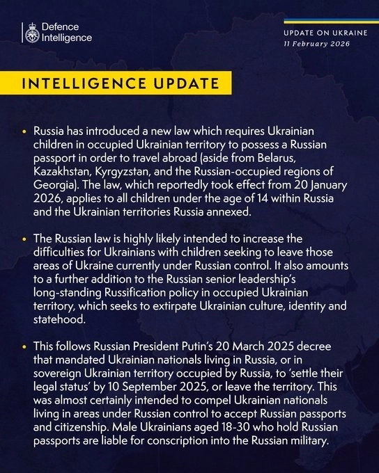 British Defence Intelligence Update Ukraine 11 February 2026