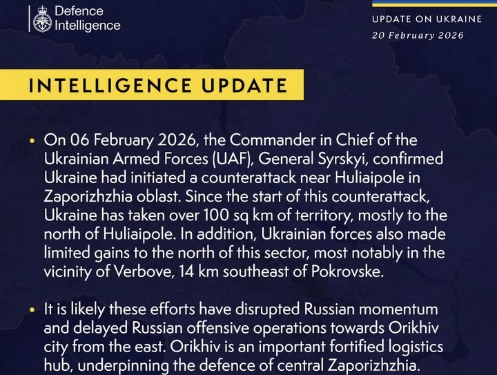 British Defence Intelligence Update Ukraine 20 February 2026