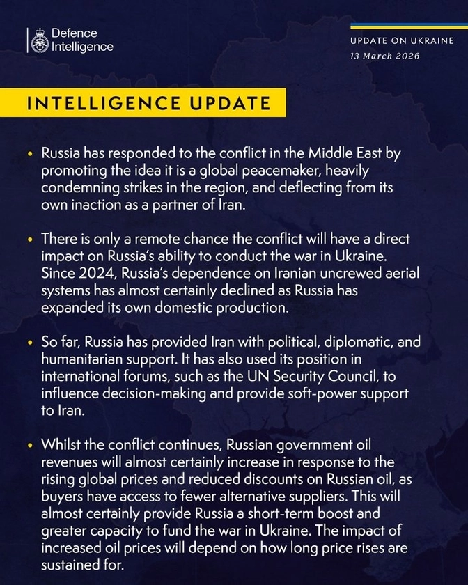 British Defence Intelligence Update Ukraine 13 March 2026