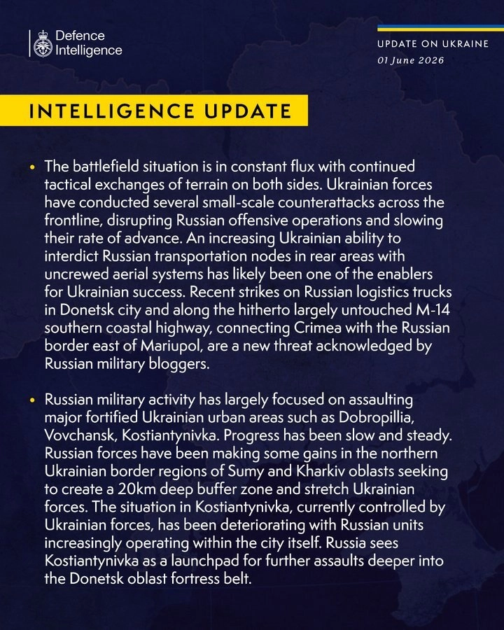 British Defence Intelligence Update Ukraine 01 June  2026