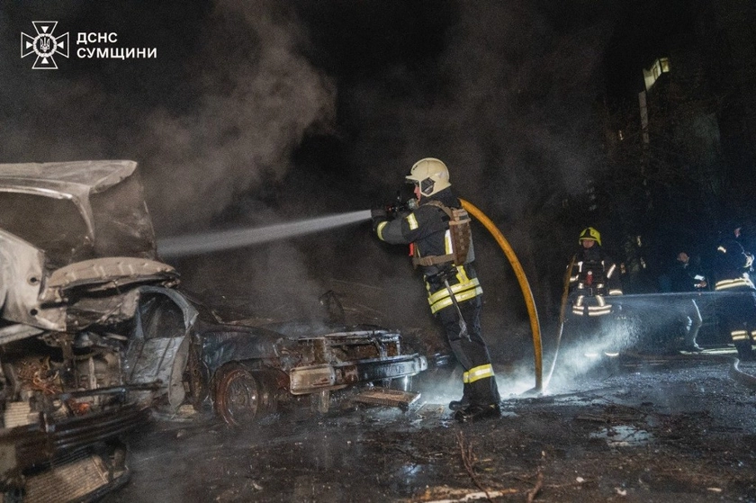 Russian Molniya Drone Hits High-Rise Apartment Building in Sumy