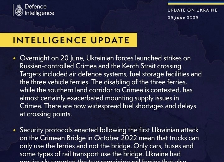 British Defence Intelligence Update Ukraine June 26, 2026