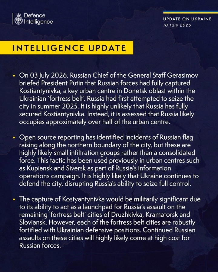 British Defence Intelligence Update Ukraine July 10, 2026