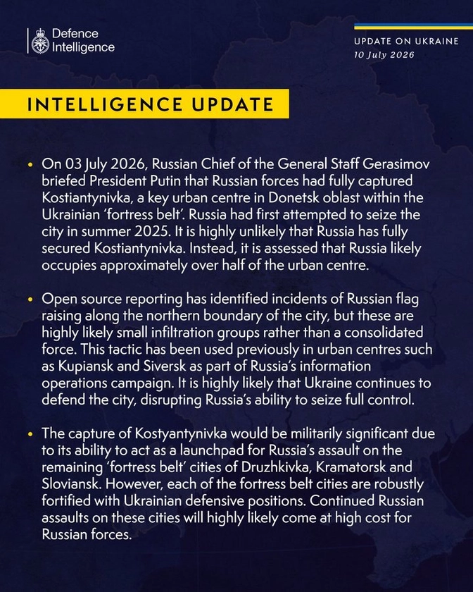 British Defence Intelligence Update Ukraine July 10, 2026